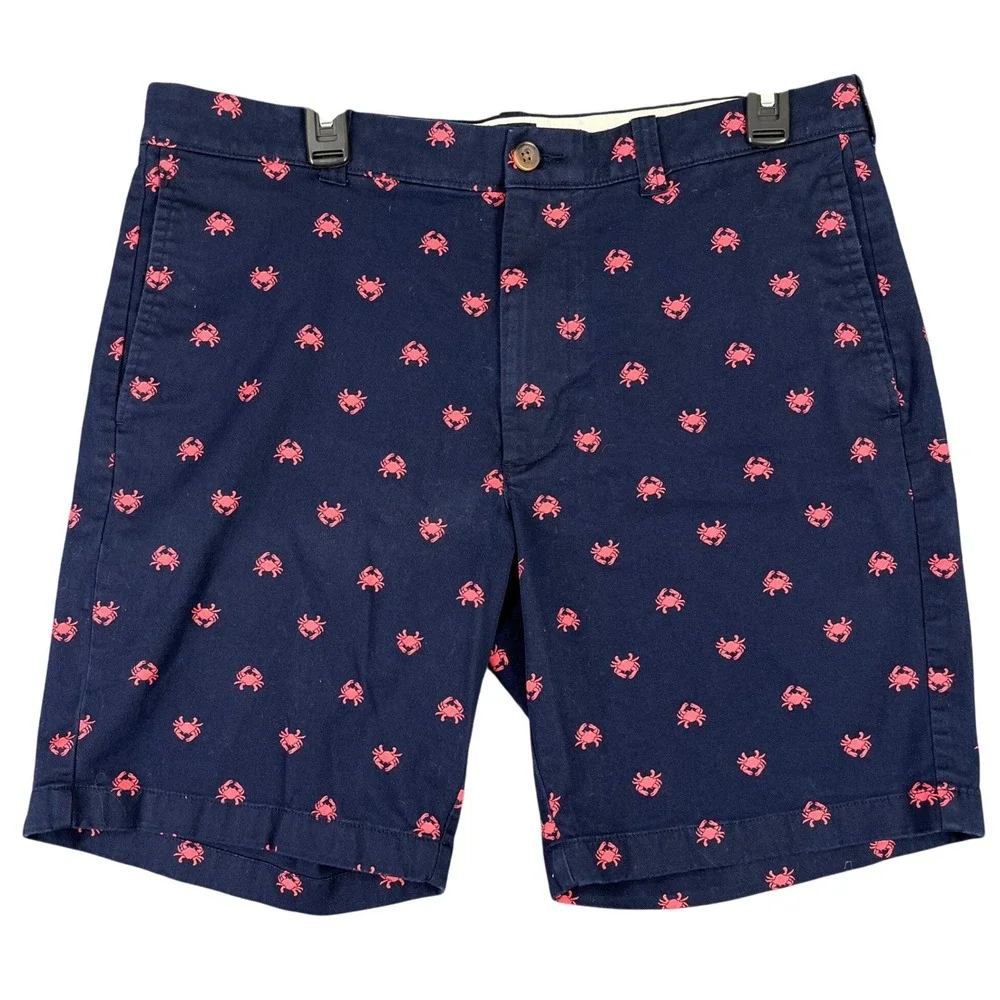 J.Crew Chino Shorts Mens 35 Crab Print Navy Blue Embroidered Summer Casual